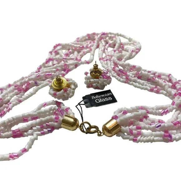Vintage Pink and White Bohemian Glass MultiStrand Necklace Set NWT - Picture 10 of 15